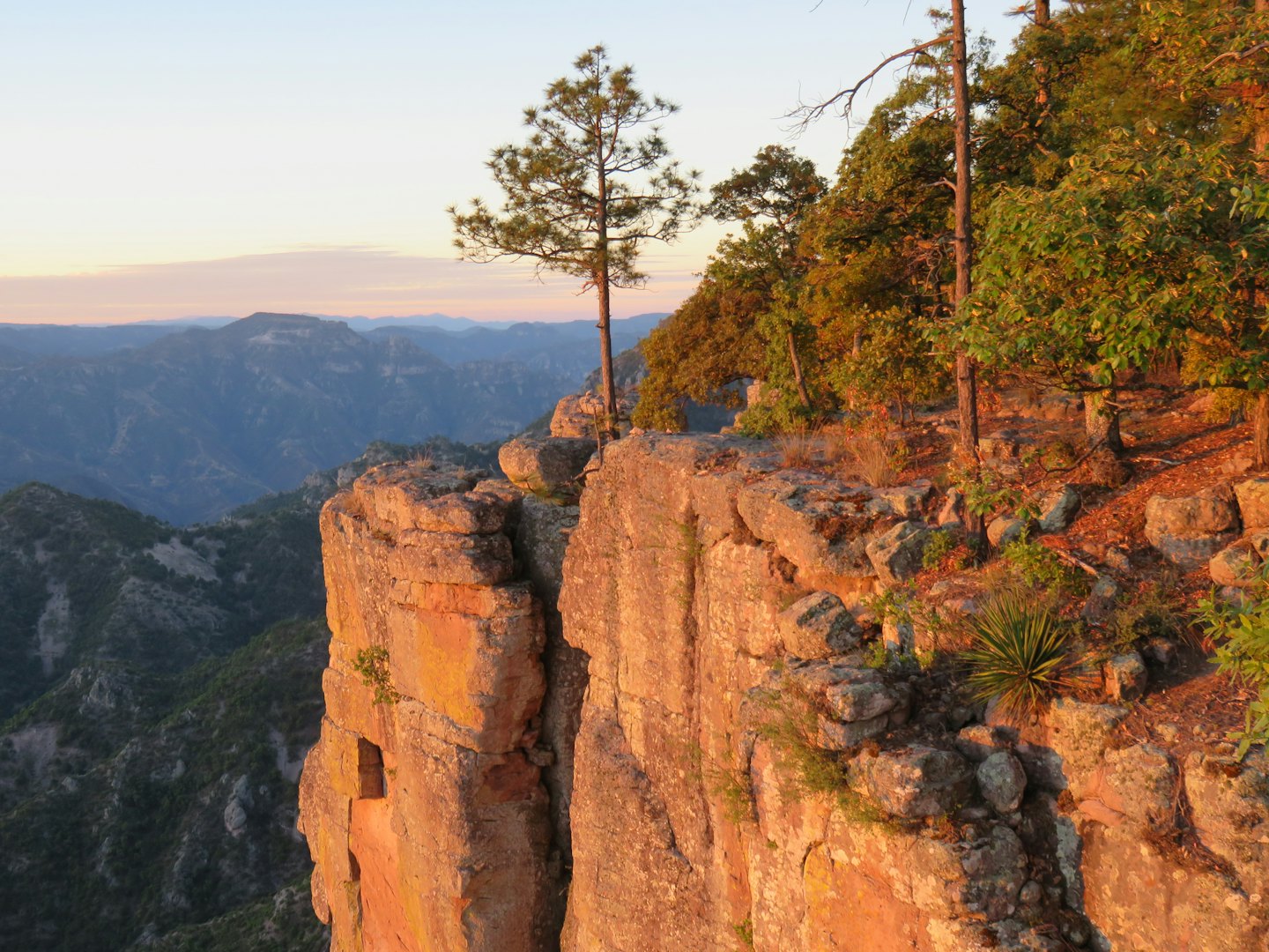 Golden light bathes a dramatic cliff face at sunset with distant blue mountains.